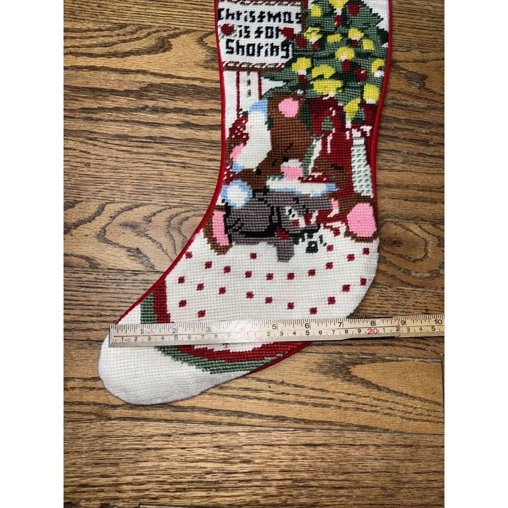 Vintage Needlepoint Christmas Stocking Sleeping Bear Red Velvet Left Hanging